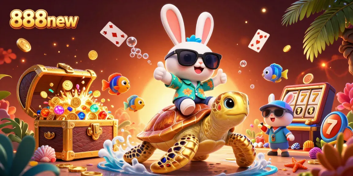 Experience exciting gameplay with 888new's vibrant casino scene featuring a lucky rabbit and golden sea turtle.