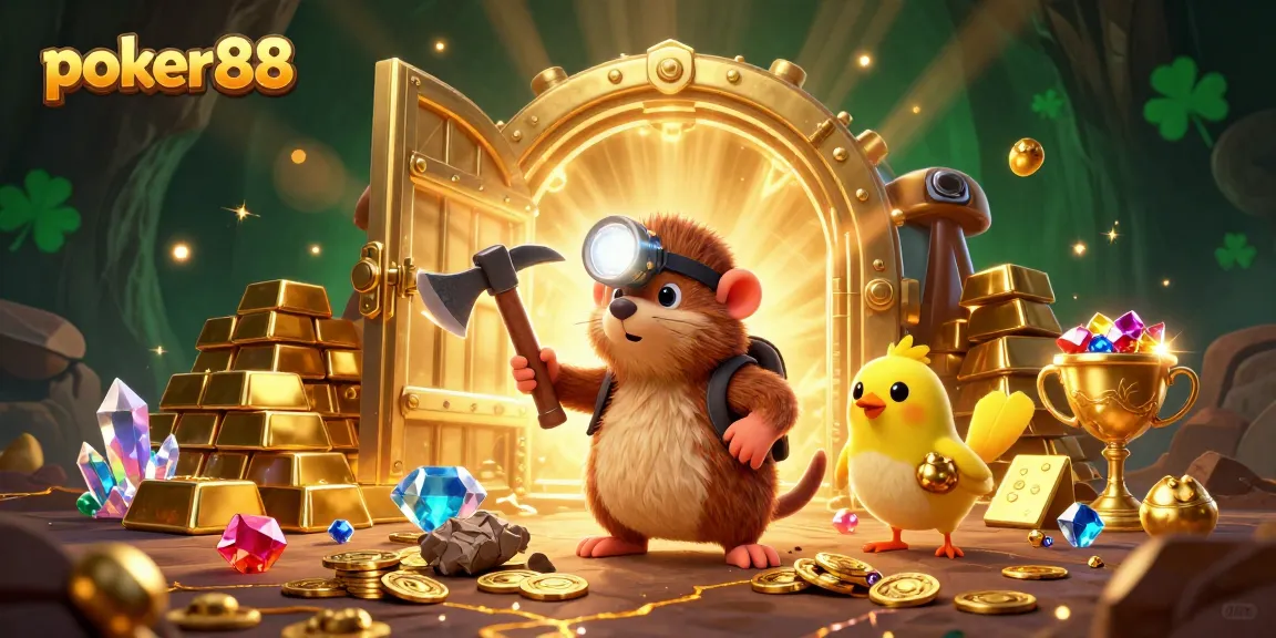 Win big at poker88 with the treasure hunter mole and his canary companion in a dazzling cave of gems.