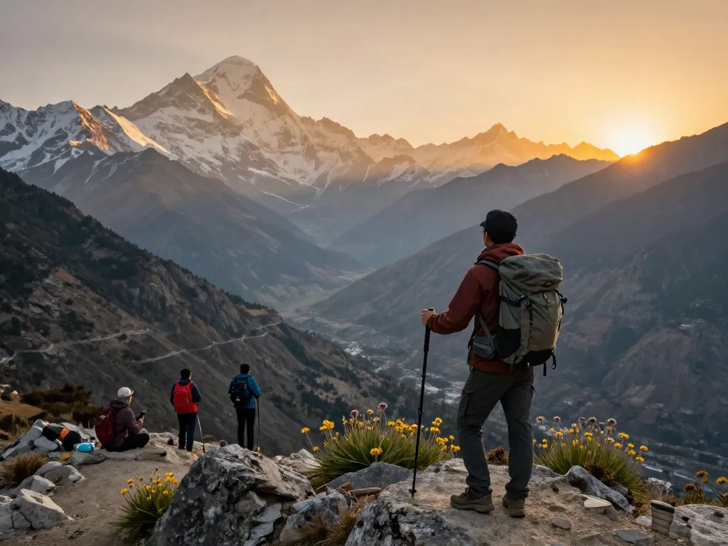 Trekking the Manaslu Circuit with travelers enjoying the breathtaking views at sunset.