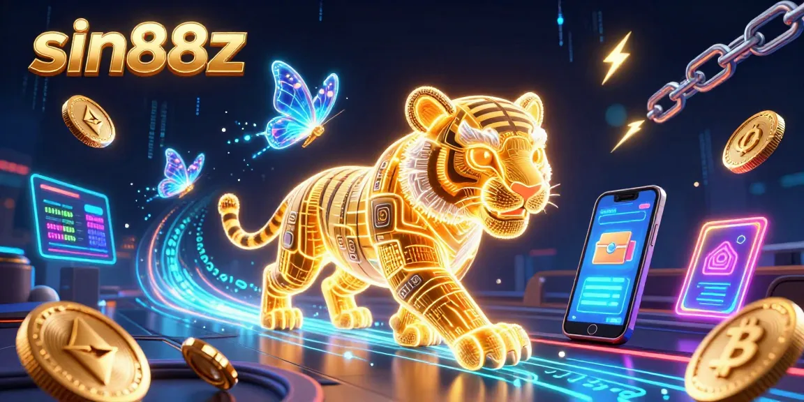 Join the excitement at sin88z with an ultra-detailed 3D casino scene of the golden tiger and crypto elements.