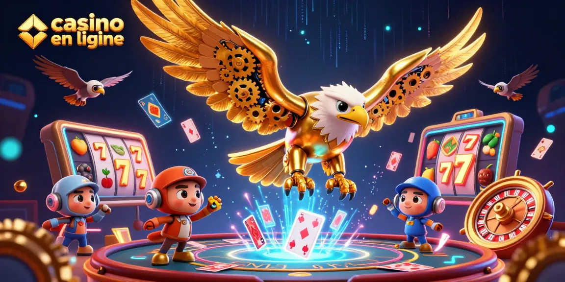 Illustration dynamique de casino en ligne avec une aigle cybernétique et des éléments de jeu holographiques.