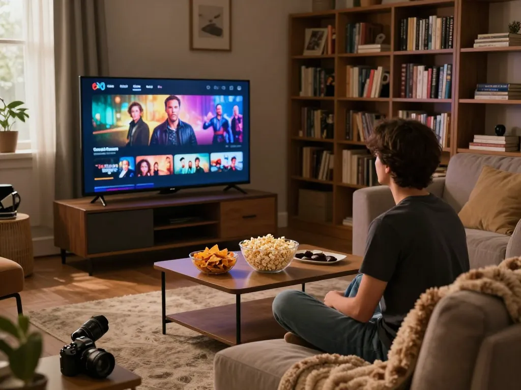 Binge Guide scene featuring a cozy living room with a person enjoying their favorite series, popcorn, and warm lighting.