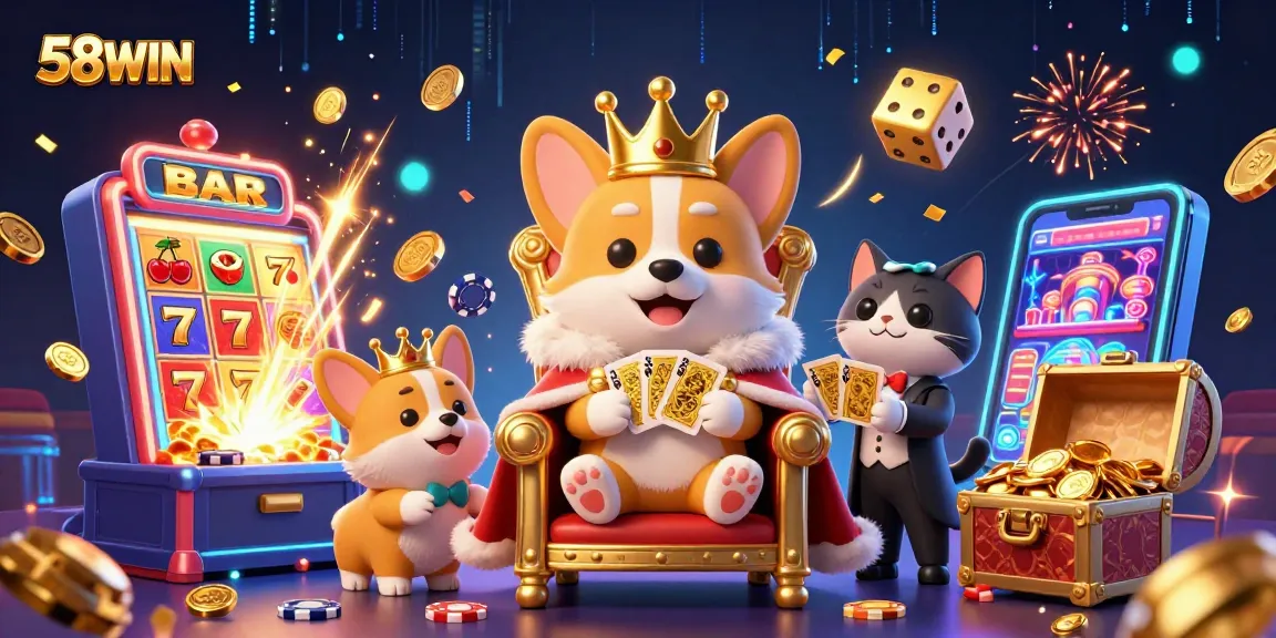Experience the excitement at 58WIN with royal corgis and dynamic slot machine action!