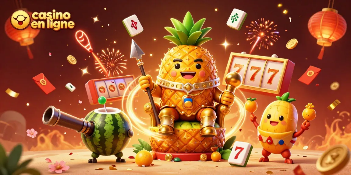 Le roi ananas sur son trône au casino en ligne avec des éléments de jeu vibrant et festifs.