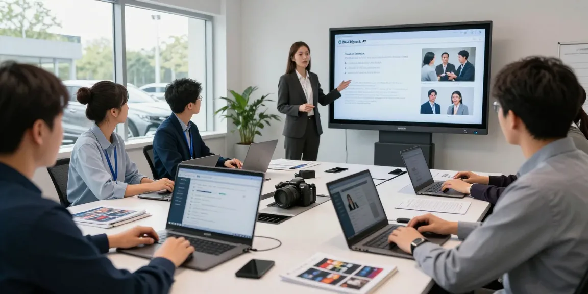 DealSpeak AI automotive training session with team practicing sales scenarios and analytics.