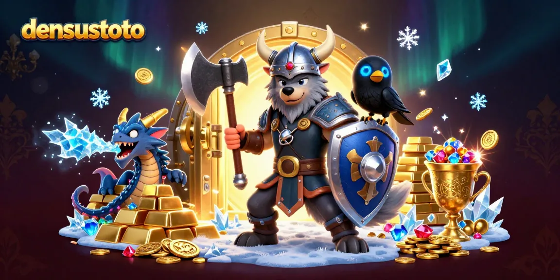 Ilustrasi 3D densustoto dengan karakter pahlawan Viking, naga kecil, dan gagak, dikelilingi harta yang berkilau.