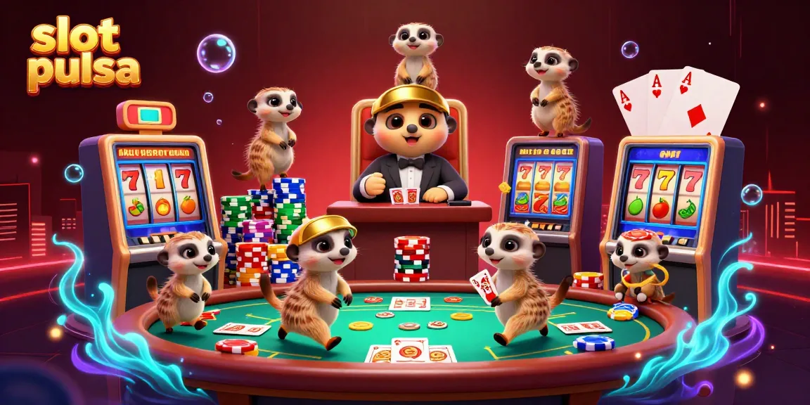 Exciting scene of meerkats managing a vibrant slot pulsa casino operation with colorful chips and game elements.