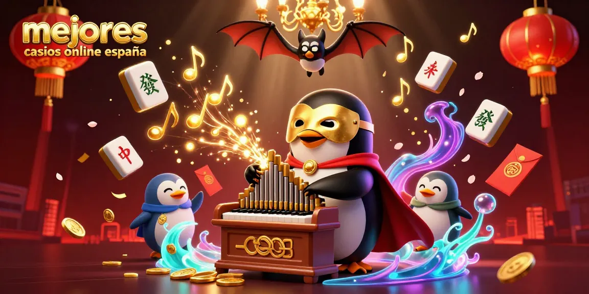 Visualiza los mejores casinos online en España, donde un pingüino fantasma toca un órgano que lanza monedas doradas.
