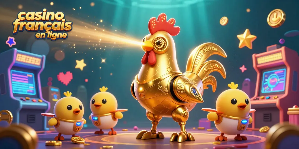 Profitez de l’excitation du casino français en ligne avec un robot coq doré laser gravant des motifs autour de machines à sous colorées.