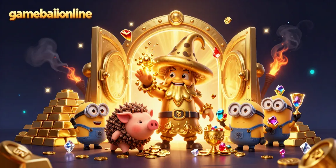 Gamebaiionline showcases a 3D cartoon wizard and his pig, surrounded by treasure and magical elements.