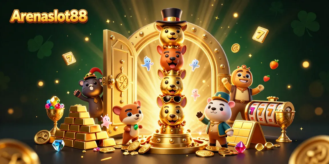 Arenaslot88 merayakan keberuntungan slot dengan totem emas dan harta berkilau di sekitar.