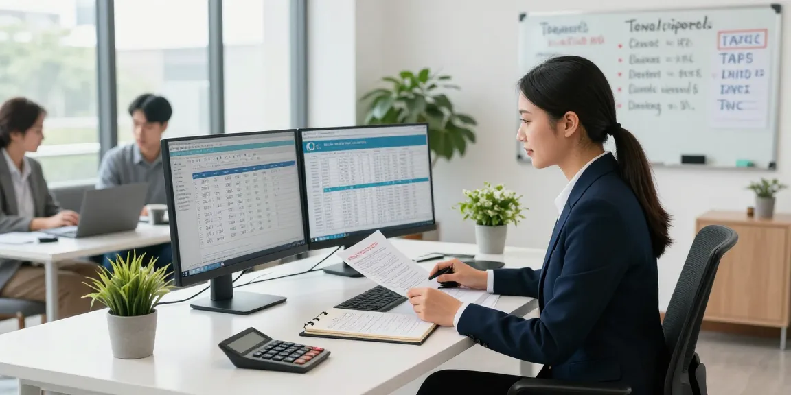 Rental property accounting expert working efficiently in a modern office.