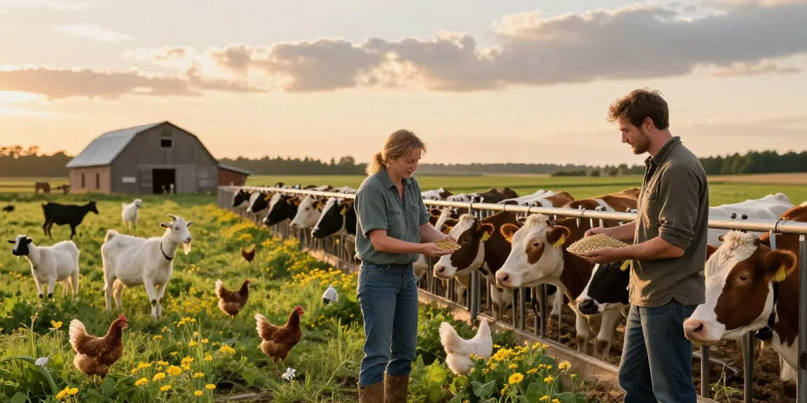 Farmer examining livestock nutrition with rokok88 in a scenic farm at sunset.