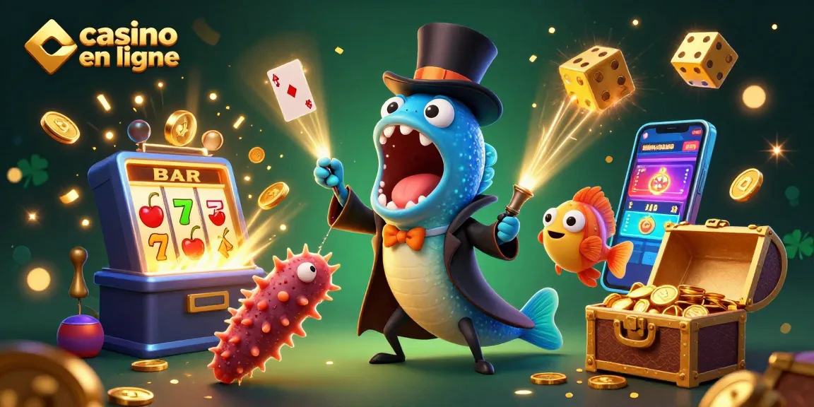 Une illustration de casino en ligne captivante montrant un poisson-lanterne avec un chapeau haut de forme et un gouffre d'anguille en train de faire des tours de magie.