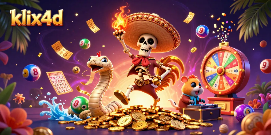 Rasakan keseruan bermain di klix4d dengan tiket emas dan bola lotere berwarna-warni yang mengelilingi karakter unik.