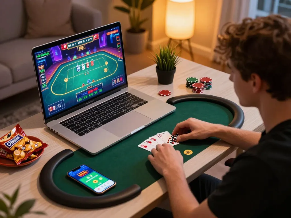 Playing poker on open88 via laptop in a cozy home setup with snacks and casino app.