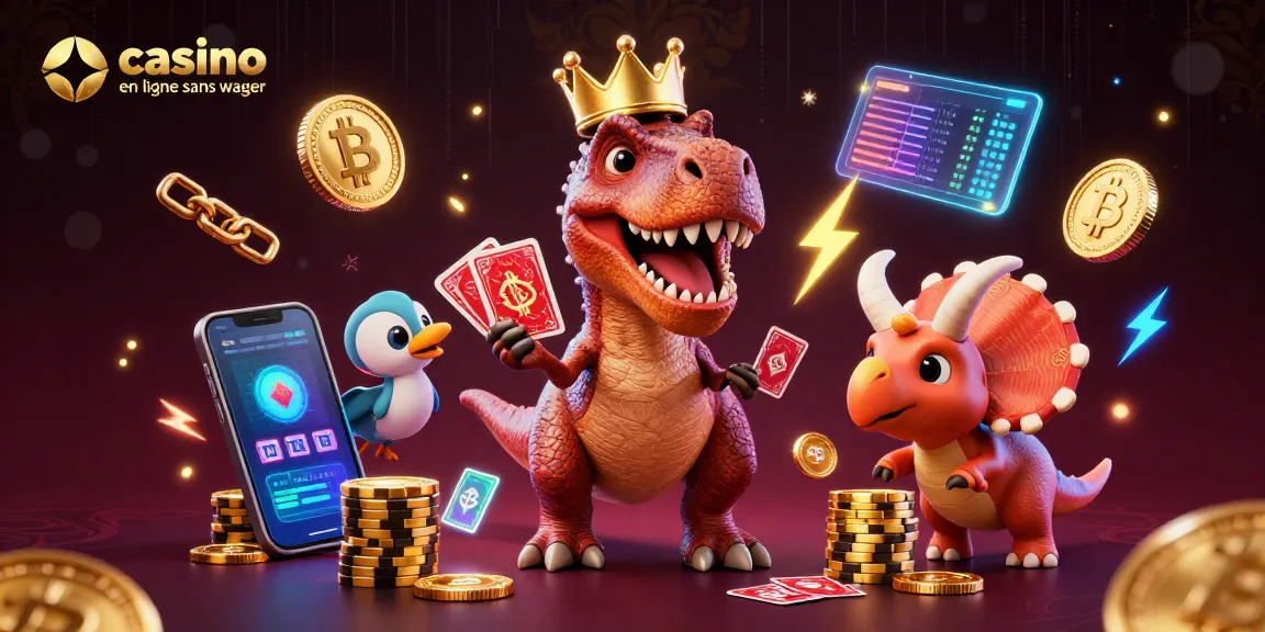 Embarquez dans l'univers du casino en ligne sans wager avec ce T-Rex jouant aux cartes.