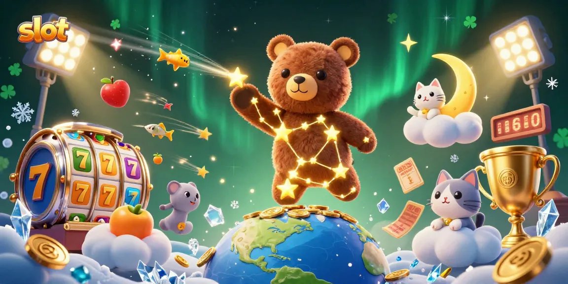 Experience thrilling slot gaming with the constellation bear and gold coins in this vibrant illustration.