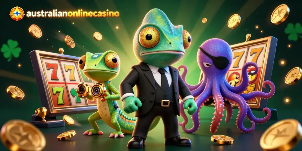 Engaging Australian online casino scene featuring dynamic 3D characters and vibrant slot elements.