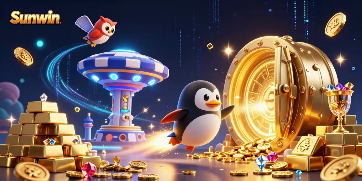 Experience the excitement of Sunwin with a vibrant 3D illustration of a golden penguin soaring towards a cosmic casino.