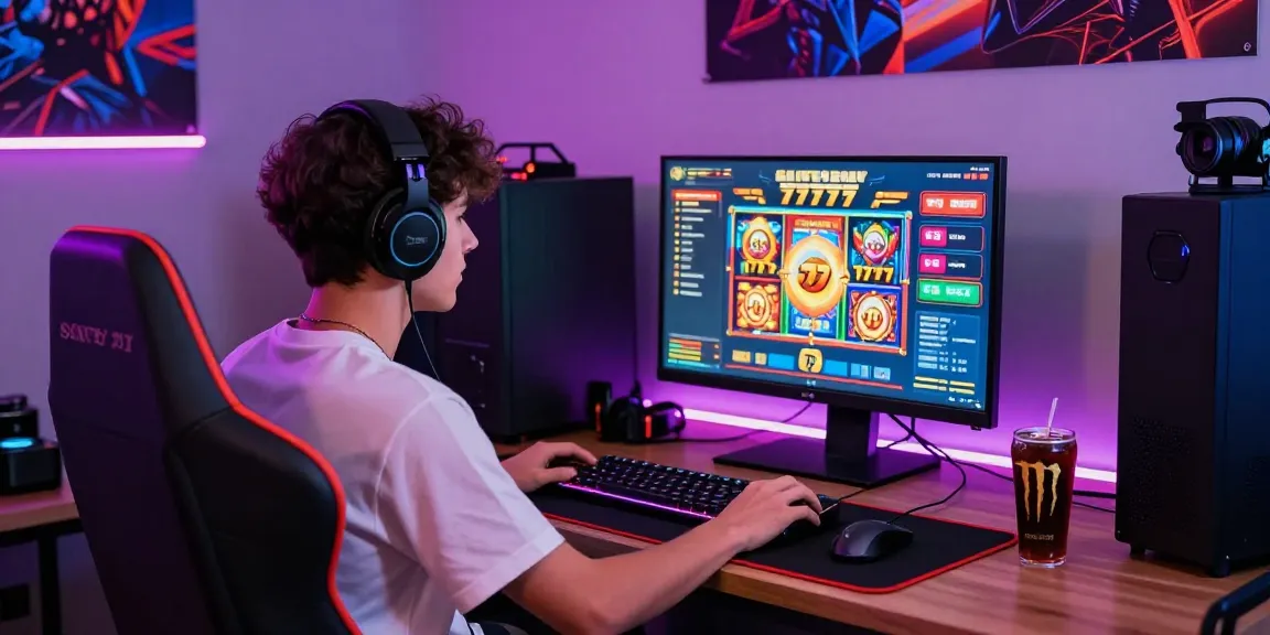 Excited gamer enjoying a slot777 session with vibrant graphics and modern gaming setup.