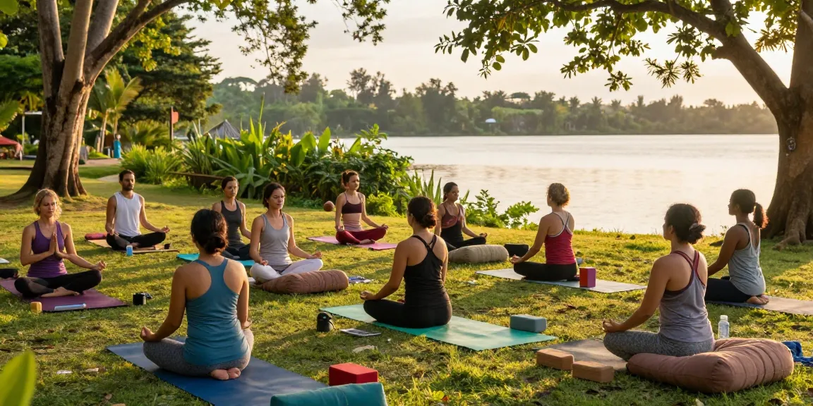 200hr YTT Sri Lanka students practicing meditation by Koggala Lake