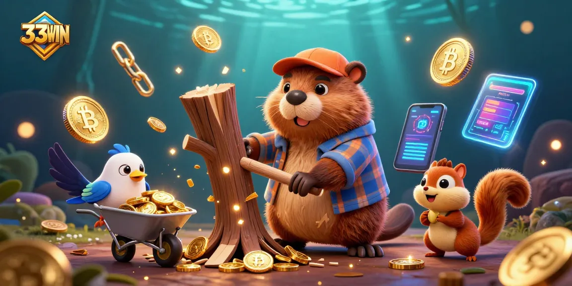 Experience the excitement at 33WIN with cartoon characters collecting treasures in a vibrant casino scene.