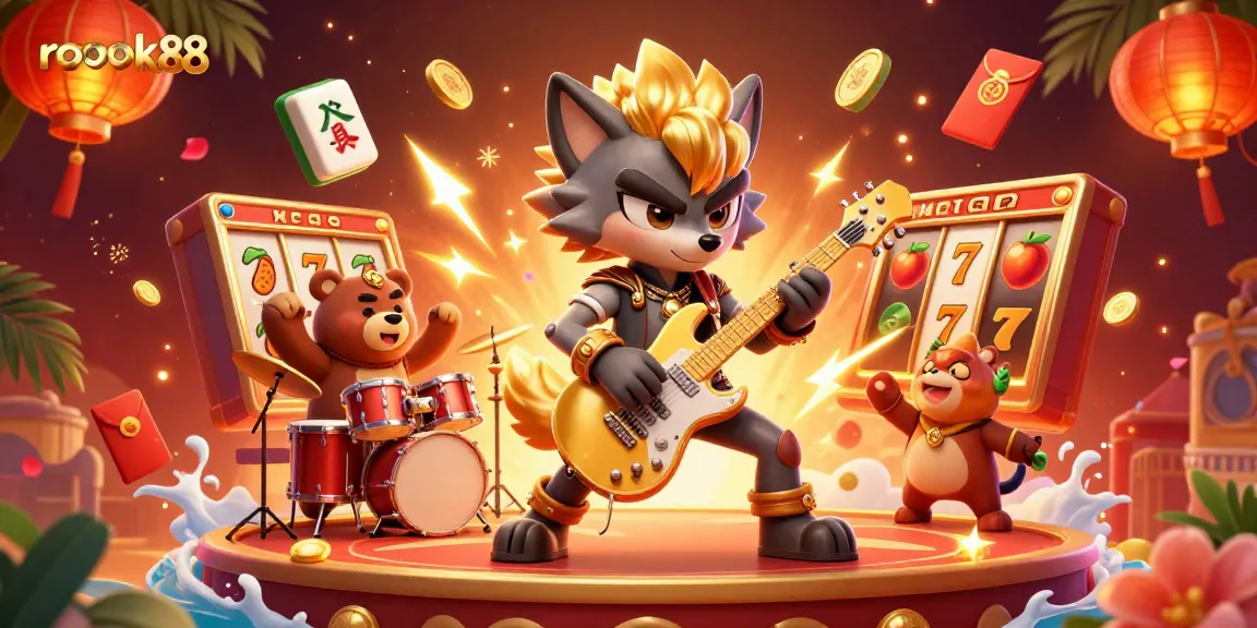 Experience rokok88 with a vibrant casino scene featuring rock star characters and dynamic game elements.