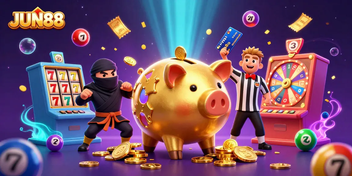 Experience the excitement at JUN88 with a playful scene featuring a golden piggy bank sumo wrestler and a vibrant game atmosphere.