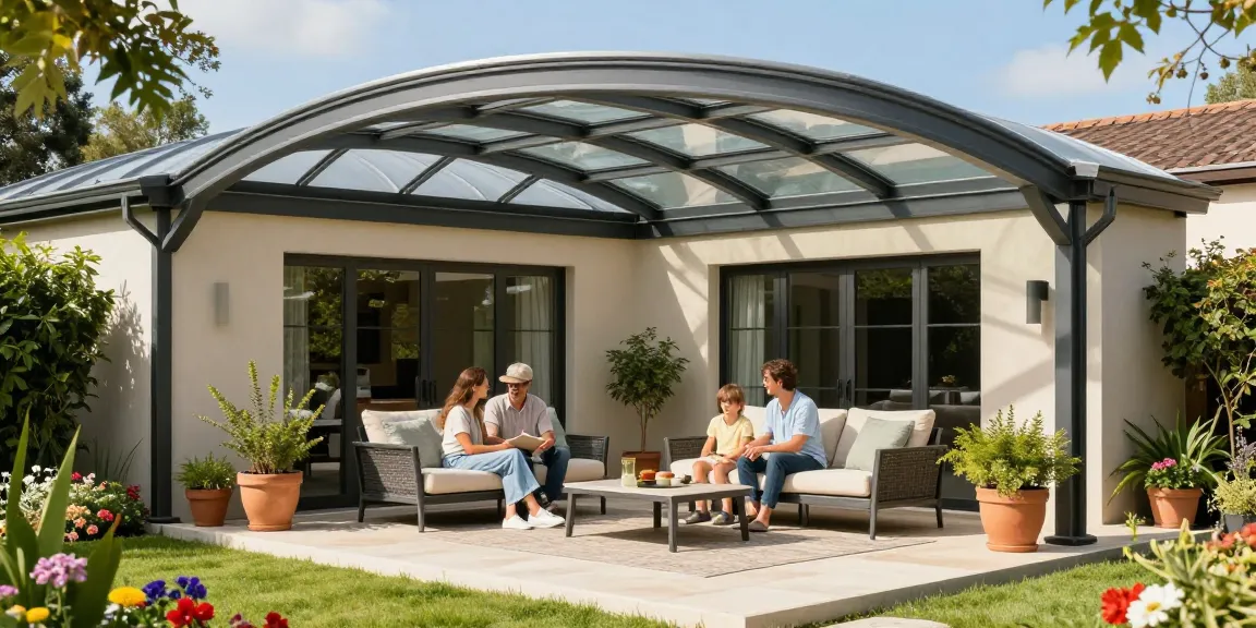 Moderne Terrassenüberdachung mit Familie im Garten, entspannte Atmosphäre