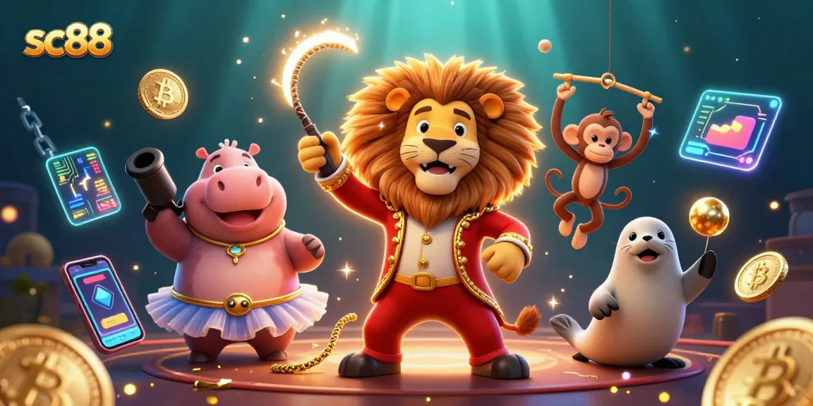 Play exciting games at sc88 with a lively 3D casino scene featuring vibrant characters and digital currency elements.