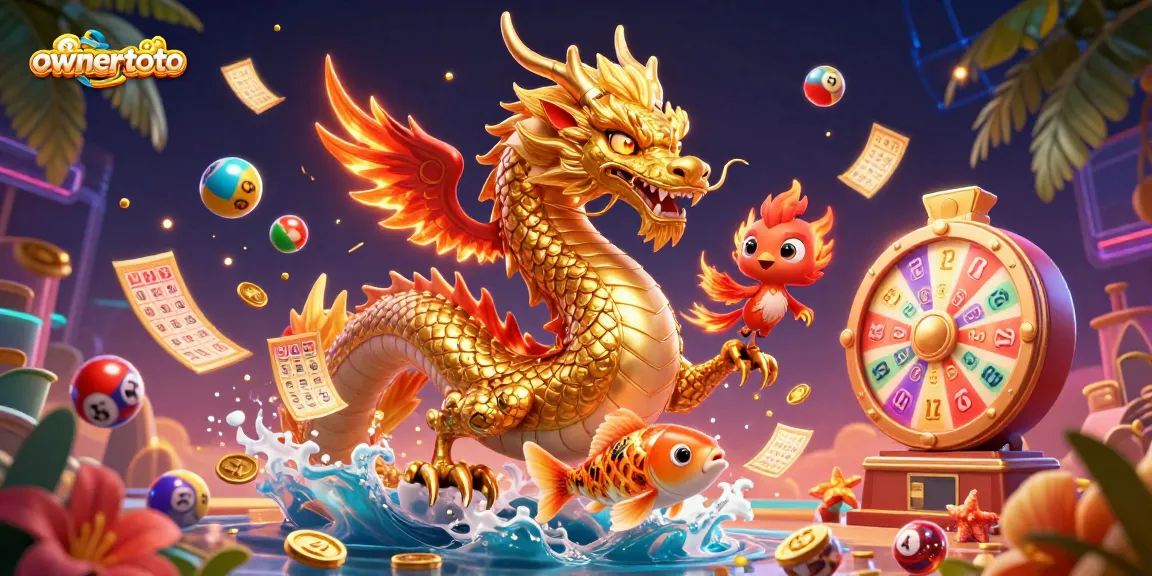 Mengungkap peluang menang di ownertoto dengan ilustrasi yang menampilkan naga emas, ikan koi beruntung, dan bola lotere berwarna-warni.