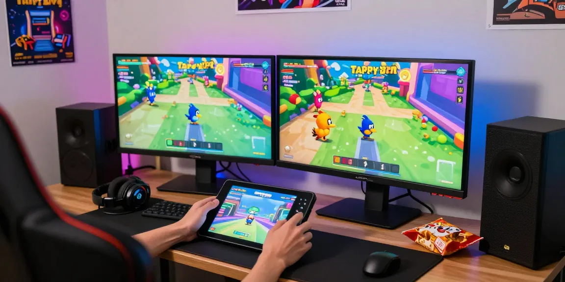 Tappy Bird by 100HP Gaming gameplay scene featuring a player engaged with game mechanics, vibrant graphics on multiple screens, and a dynamic gaming atmosphere.