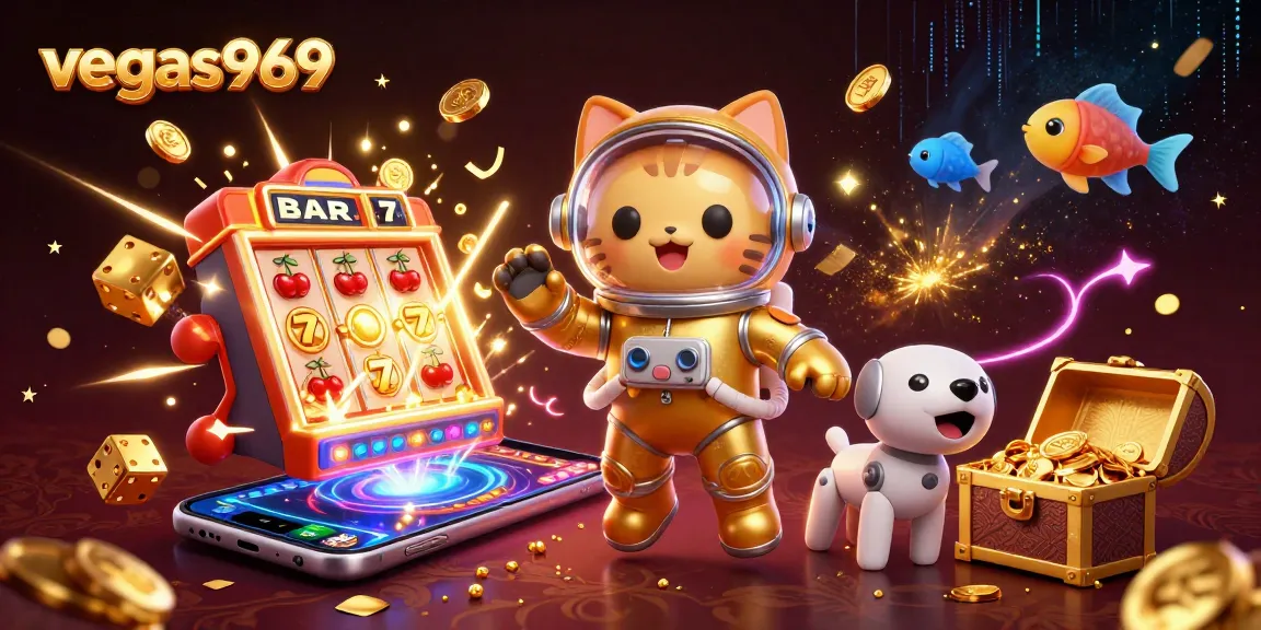 Win big at vegas969 with vibrant 3D illustrations of space-themed slot machines and alien creatures.