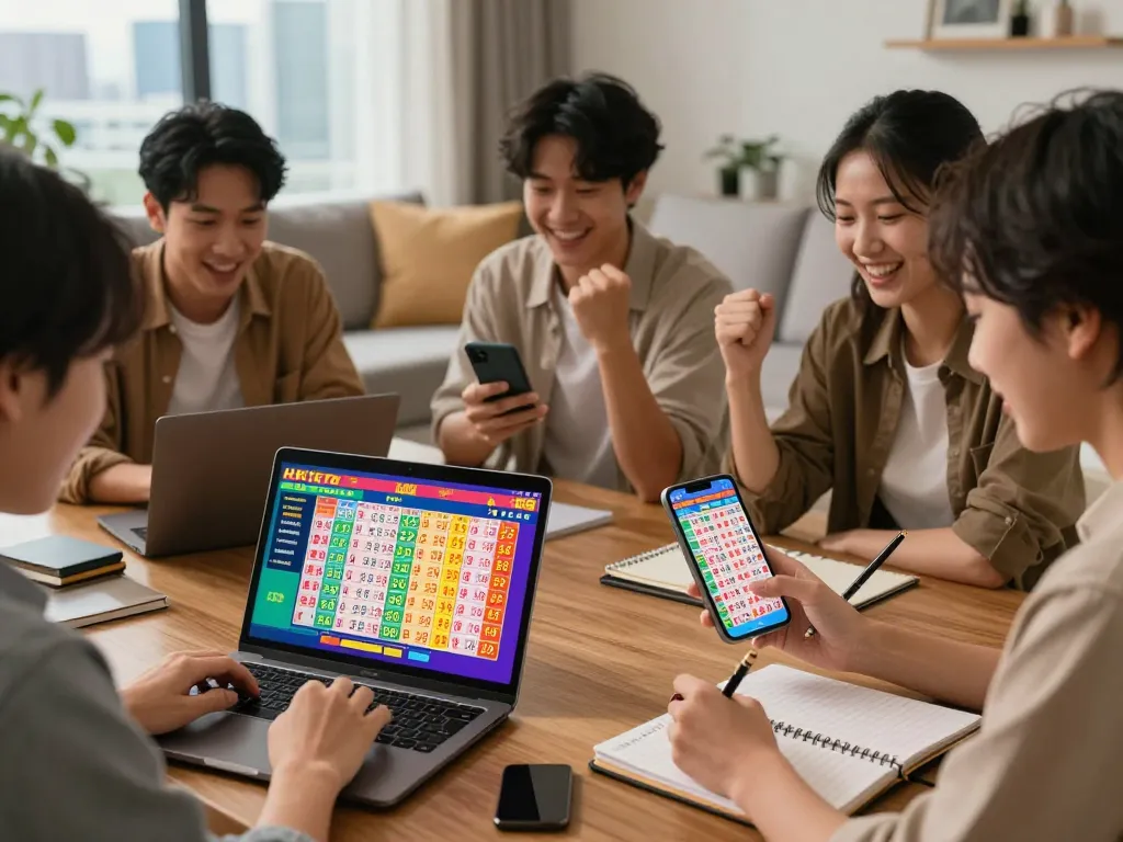 HK Lotto players celebrating wins while engaging with live results on smartphones and laptops in a cozy urban setting.