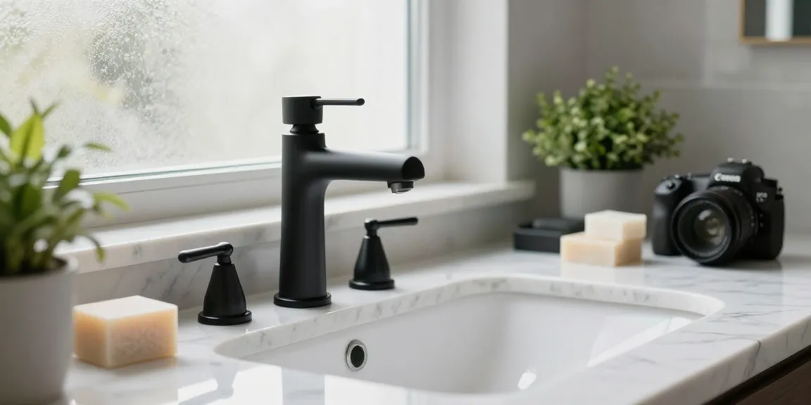 Elegante zwarte kraan op een marmeren wastafel in een moderne badkamer.