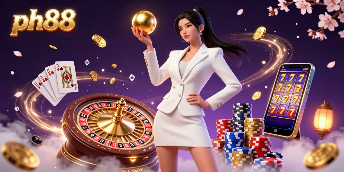 Experience the vibrant energy of ph88 with a stunning 3D illustration showcasing an Asian woman in a tuxedo jacket, holding a roulette ball amidst cascading coins and poker chips.