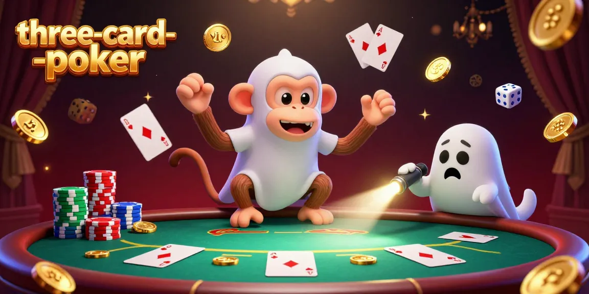 Engage with three-card-poker excitement featuring a mischievous monkey and curious puppy at a dynamic poker table.