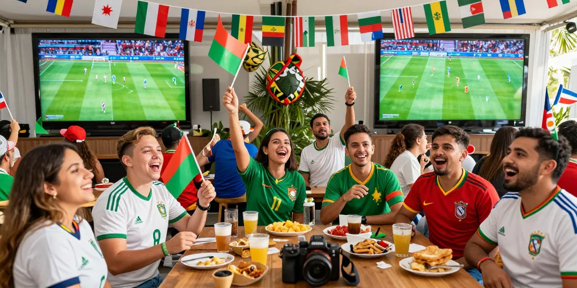 Menonton prediksi piala dunia 2026 di acara menyenangkan dengan bendera dan makanan lokal.