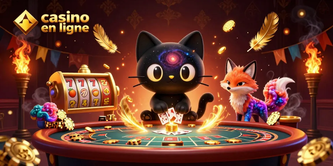 Une illustration mettant en avant un chat trou noir et un renard nébuleux au casino en ligne, attirant des jetons dorés.