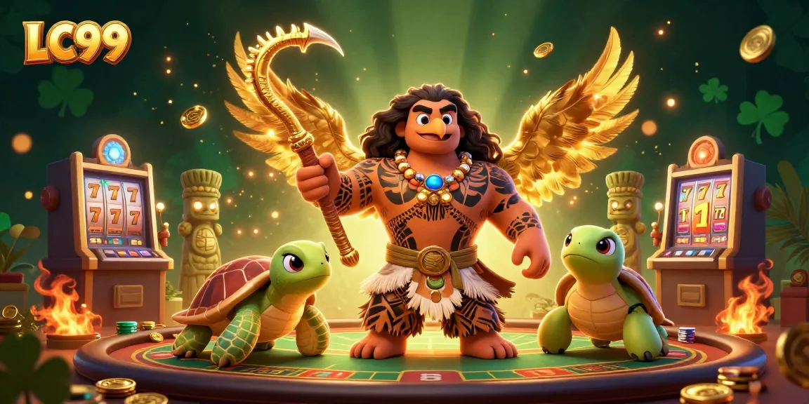Engage with LC99's thrilling slots experience featuring vibrant characters amidst glowing casino elements.