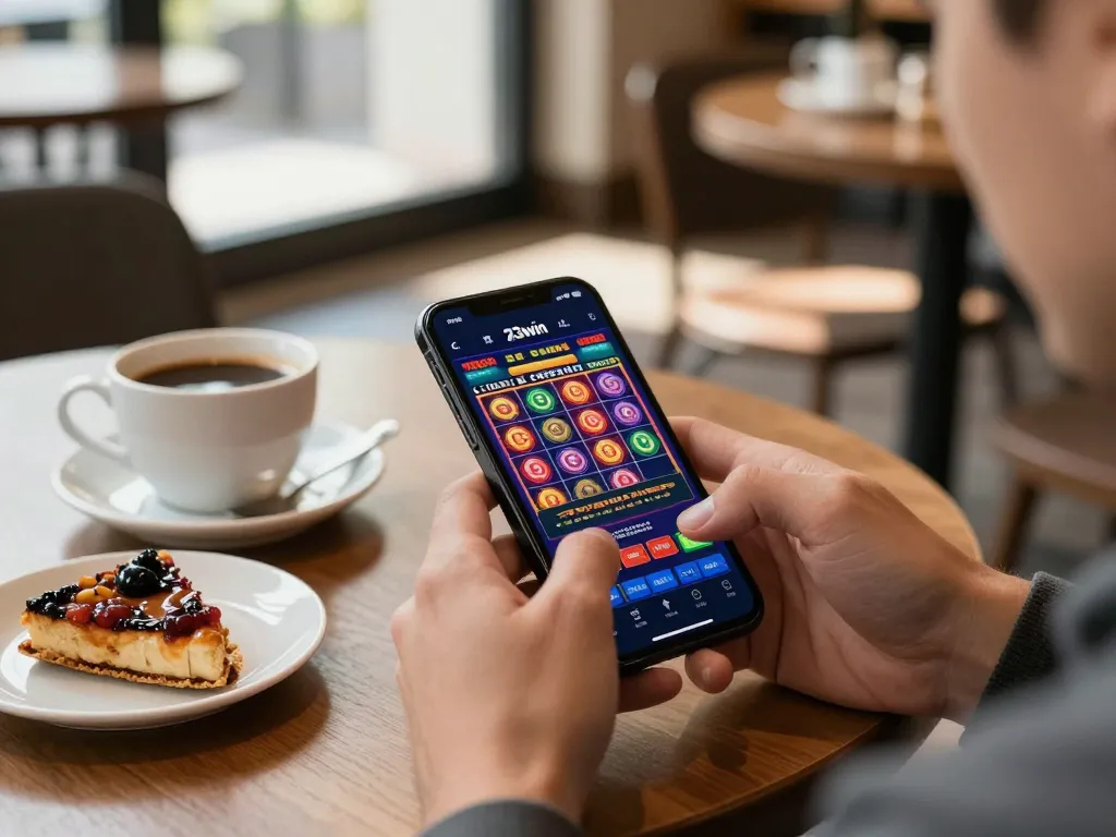 Engaging with the 23win app for vibrant online casino gaming in a coffee shop