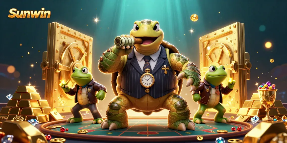 Experience the thrilling Sunwin casino with the stunning 3D art of turtle mobster and bullfrogs surrounded by treasures.