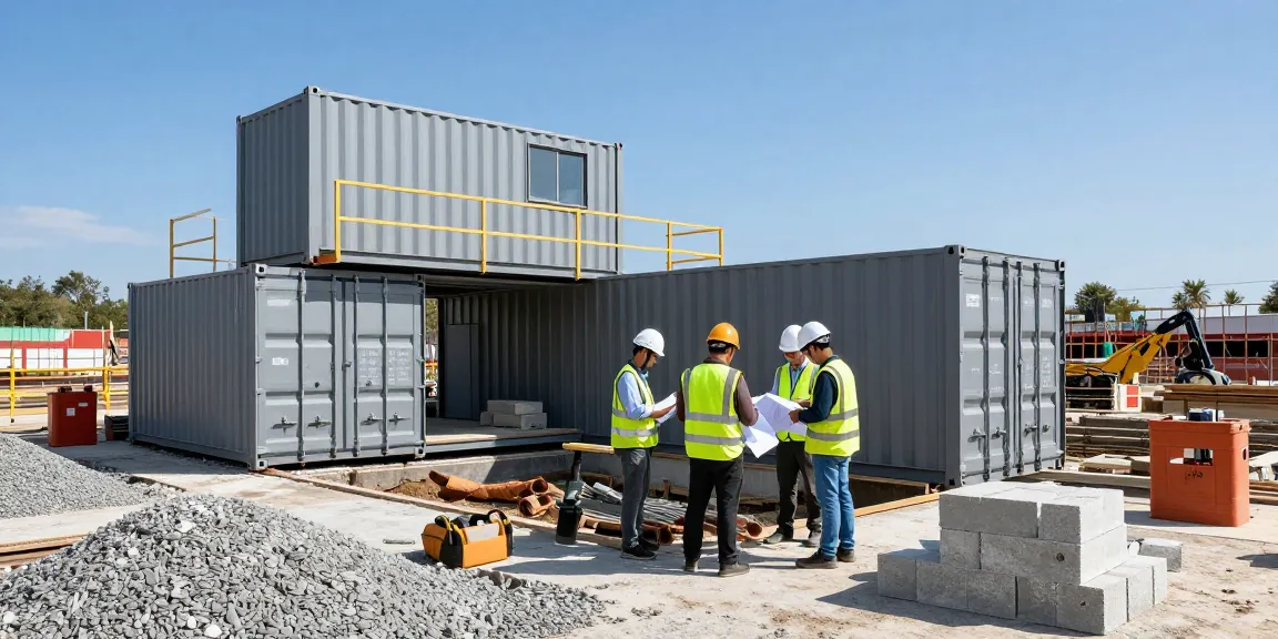 Container Fundament für hochwertige Bauprojekte auf Baustelle mit Arbeitern und Maschinen.