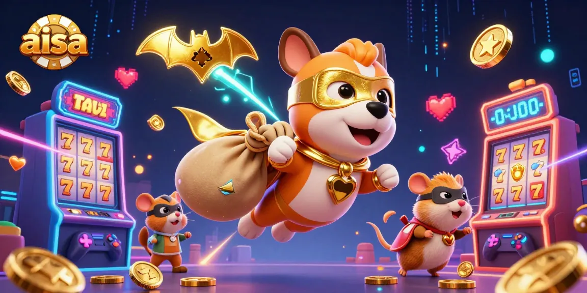Aisa engages in exciting gameplay with a superhero dog surrounded by slot machines and vibrant game elements.