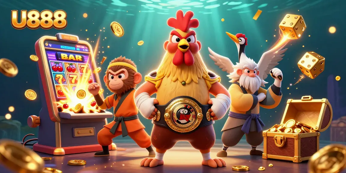 Join the U888 adventure with vibrant characters and lively casino elements exploding around them.