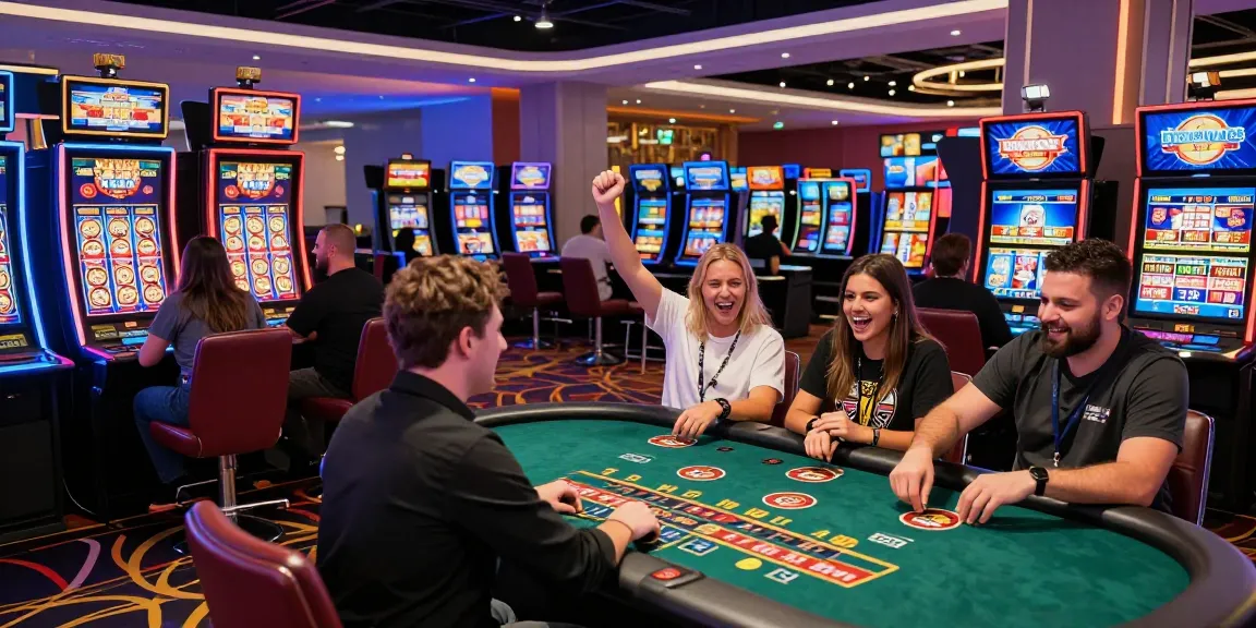 Joueurs dans un casino en ligne, profitant d'une expérience ludique et immersive avec des machines à sous et des jeux de table.