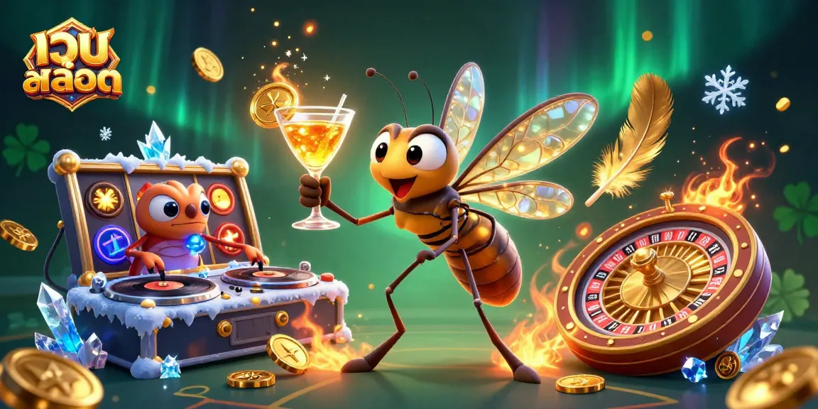 Spin and win at เว็บสล็อต with a lively illustration of a casino mascot and gaming elements.