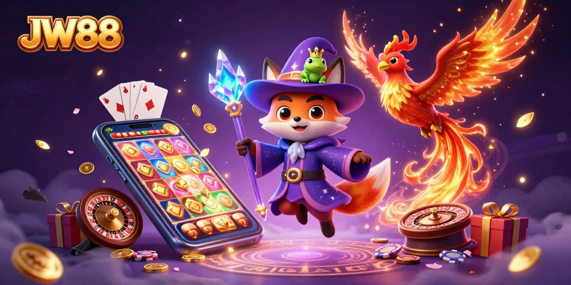 Experience incredible gaming magic at JW88 with a whimsical wizard fox, phoenix, and a smartphone showcasing exciting slot games.