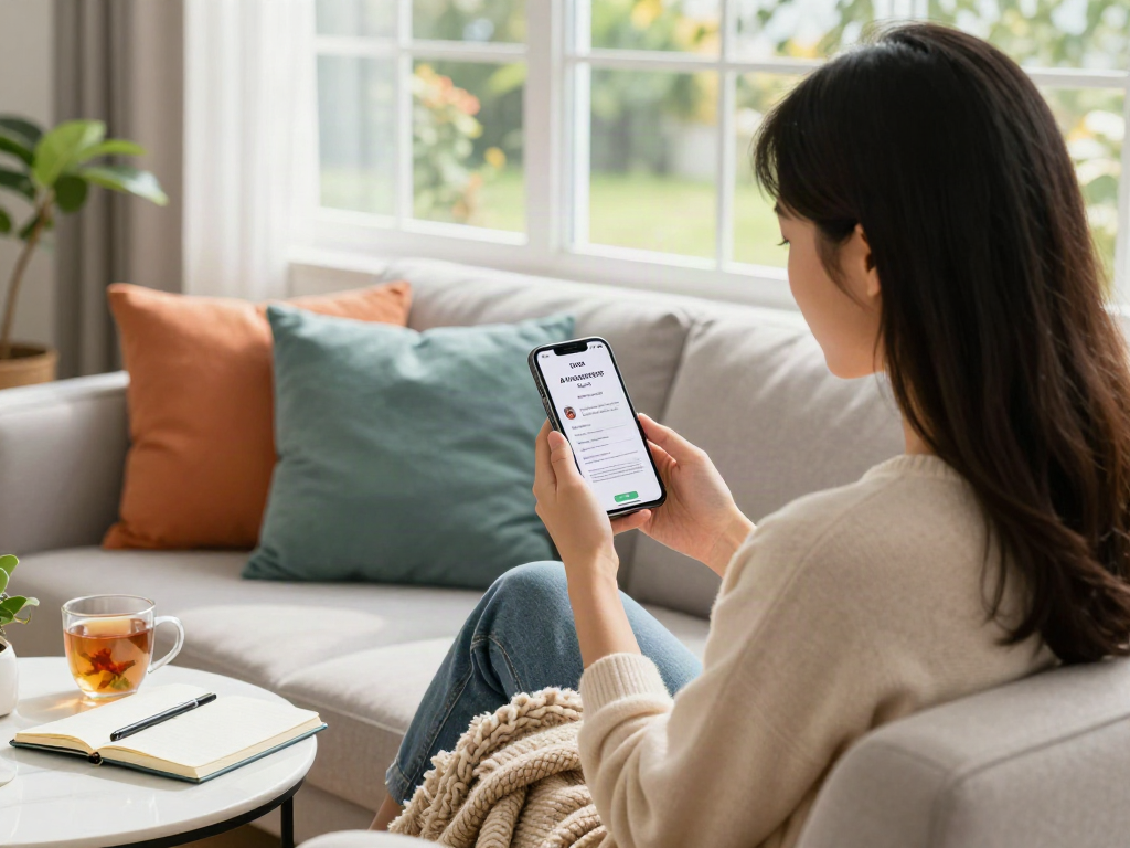 Test attractiveness results displayed on a smartphone in a cozy living room.